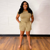 Essential Cotton Short Sleeve Tee and Drawstring Short Set | Khaki